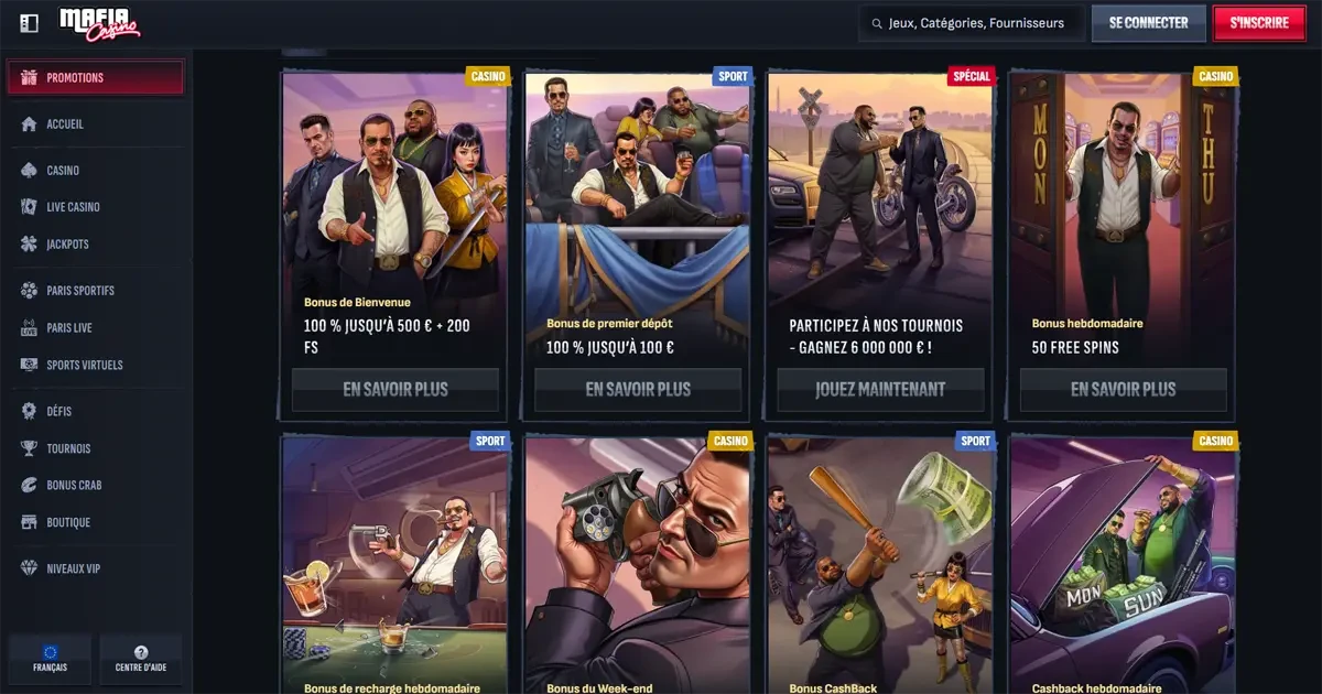 Aper&ccedil;u des bonus et promotions de Mafia Casino en ligne avec free spins, cashback et tournoi jusqu&rsquo;&agrave; 6 000 &euro;