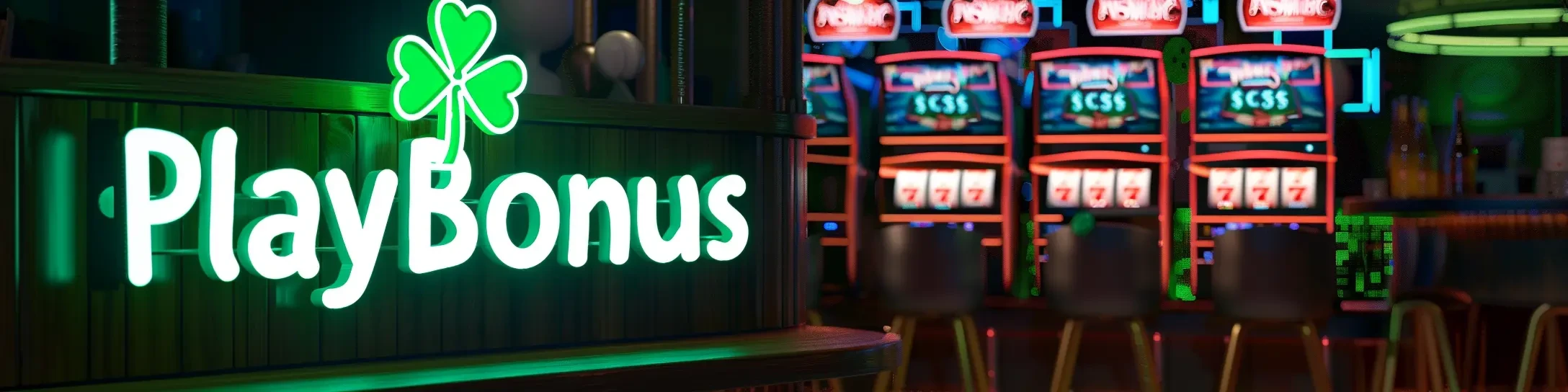 Logo PlayBonus en n&eacute;on vert devant des machines &agrave; sous dans un d&eacute;cor de casino