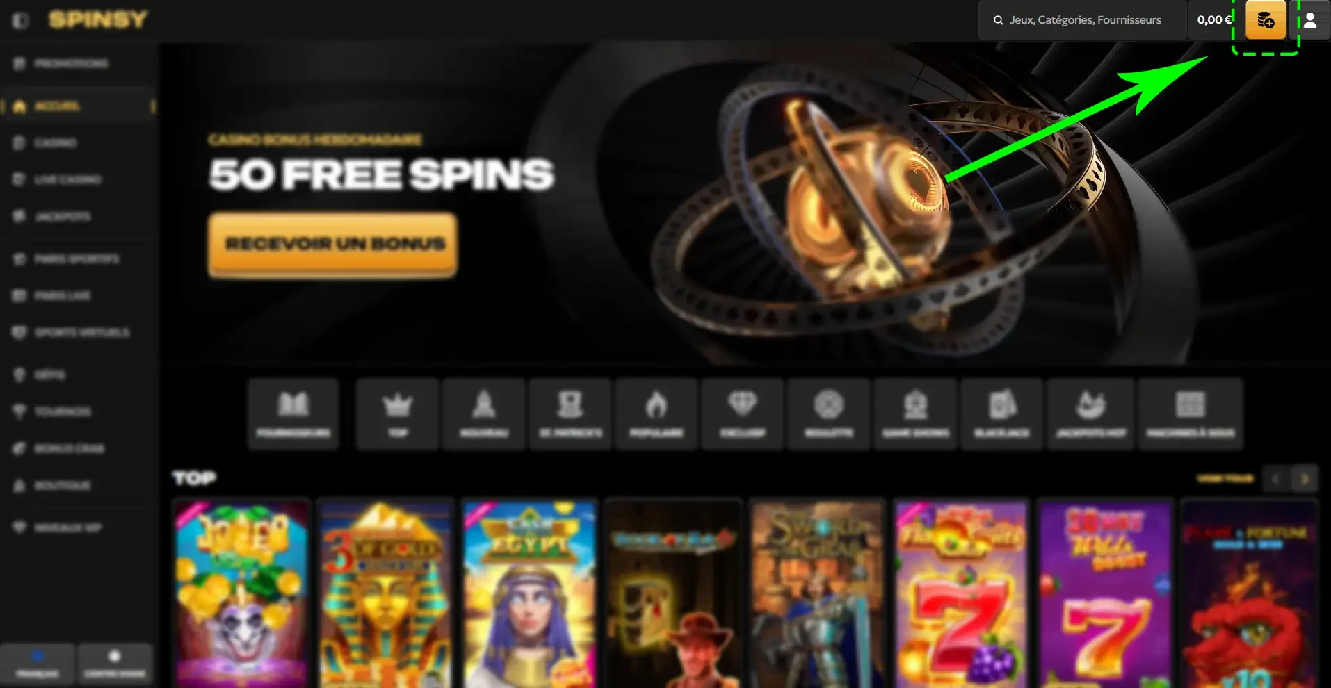 Bouton d&eacute;p&ocirc;t du casino en ligne Spinsy
