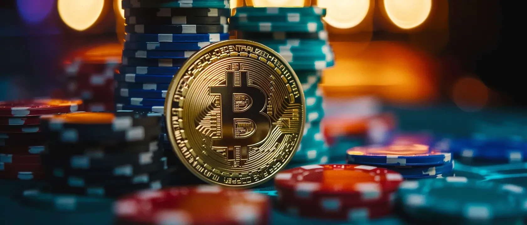 Jeton Bitcoin dor&eacute; sur une table de casino avec piles de jetons de poker en arri&egrave;re-plan avec paiement en crypto sur casino en ligne