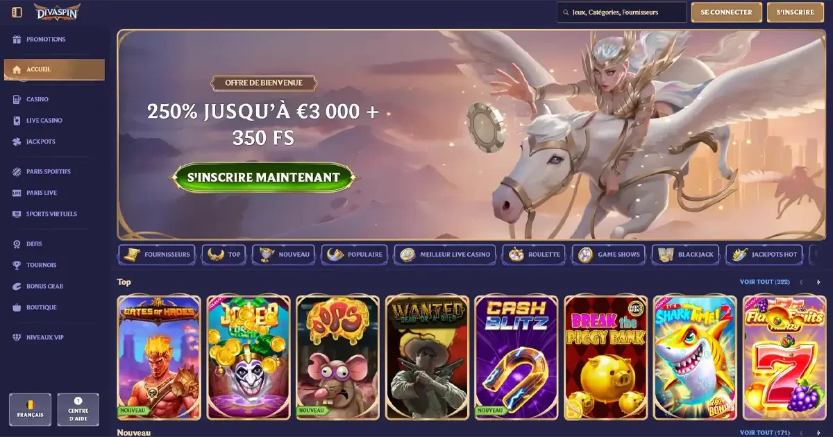 Accueil Divaspin Casino avec bonus de bienvenue 250 % jusqu&rsquo;&agrave; 3000 &euro; et 350 free spins, accompagn&eacute; d&rsquo;un univers fantasy avec P&eacute;gase