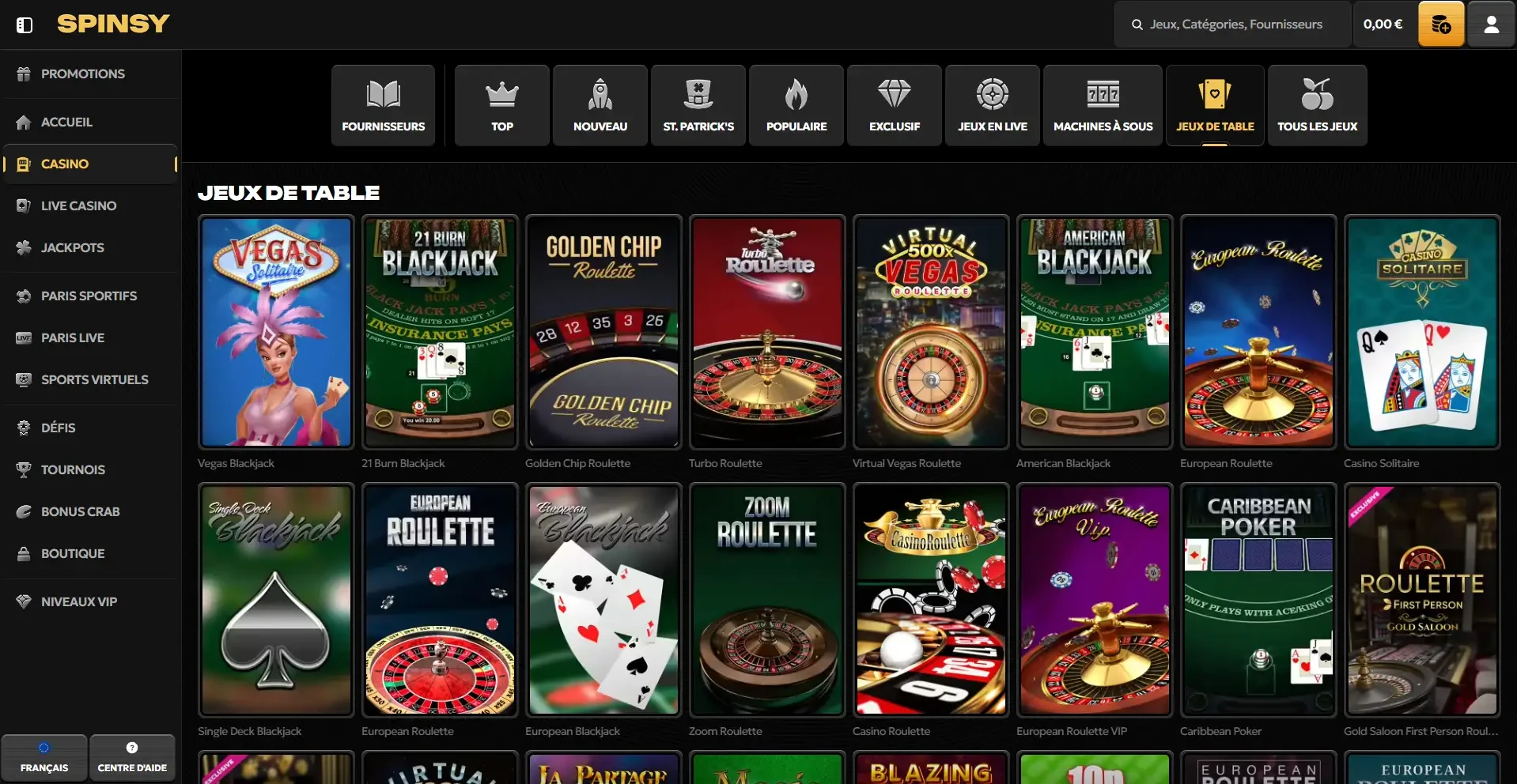 Page des jeux de table casino Spinsy