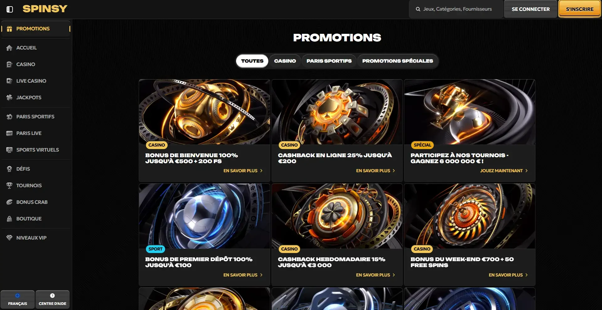 Page promotion du casino en ligne Spinsy