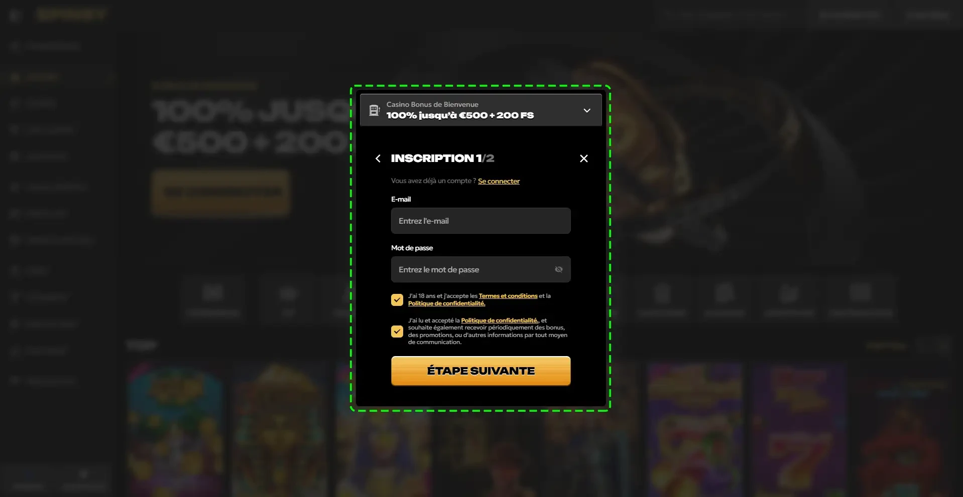 Inscription etape 1/2 mail et mot de passe Spinsy