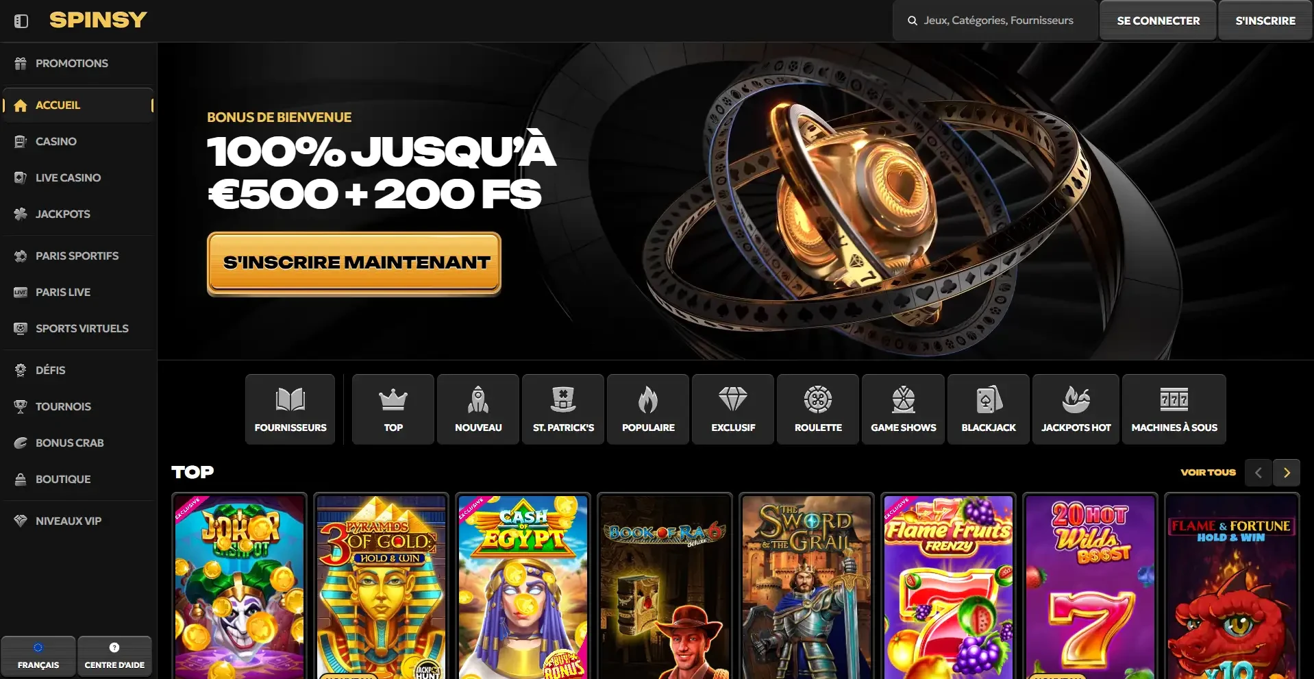 Page d'accueil du casino en ligne Spinsy