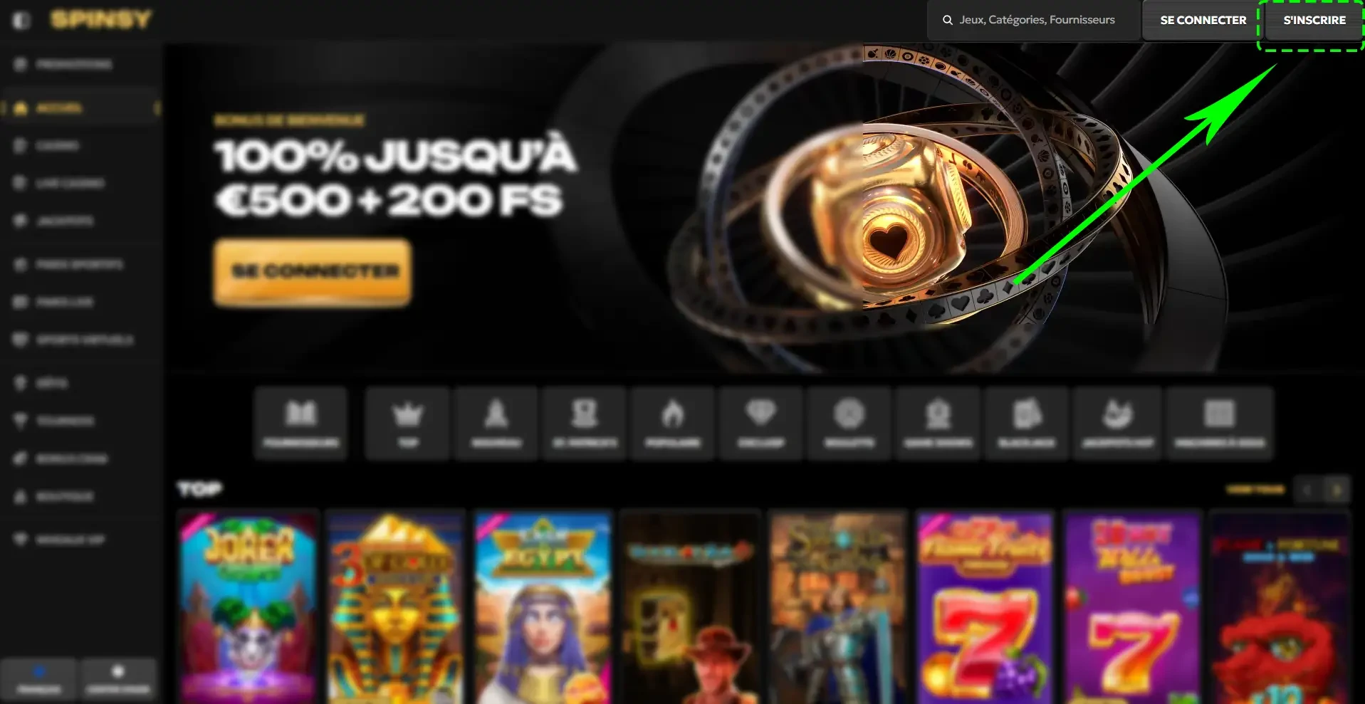 Bouton s'inscrire sur le casino en ligne Spinsy