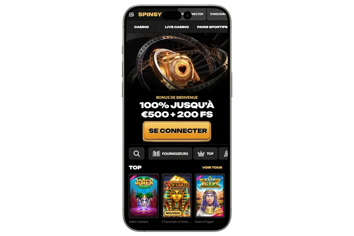 Interface mobile de Spinsy Casino avec bonus de bienvenue 100 % jusqu&rsquo;&agrave; 500 &euro; et 200 free spins sur machines &agrave; sous populaires