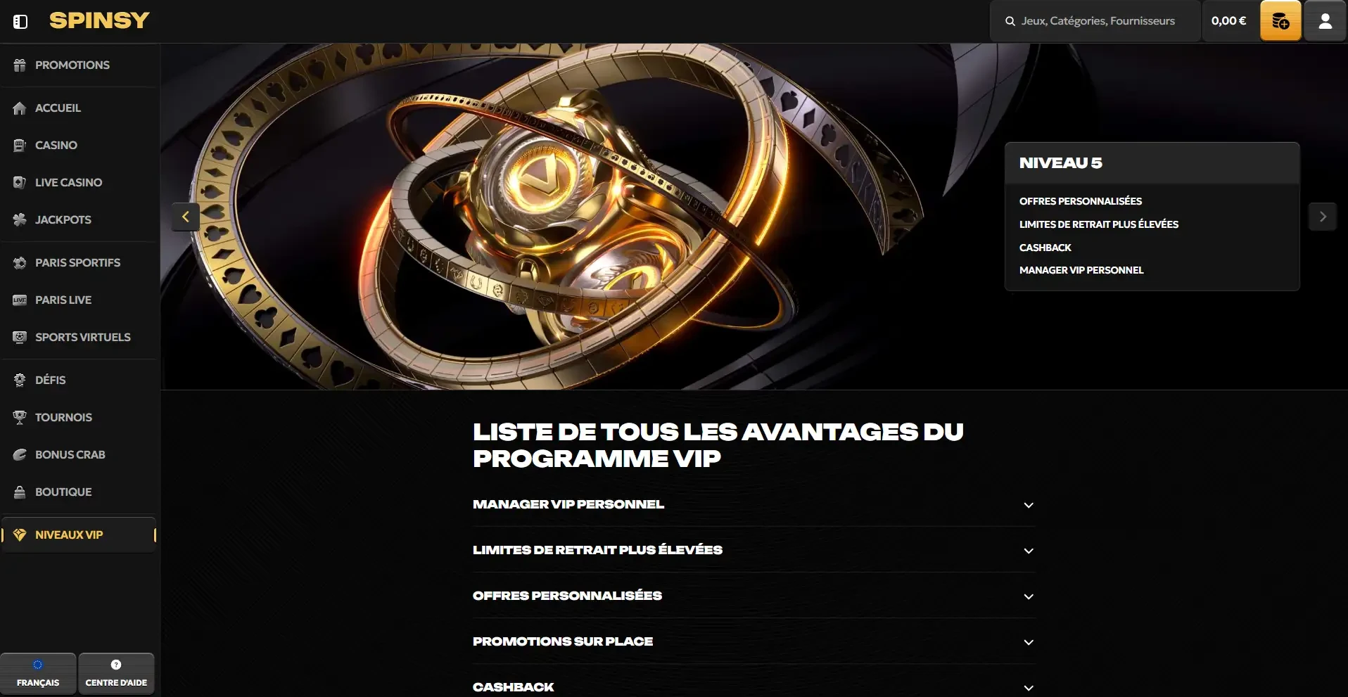 Programme VIP Spinsy Casino avec cashback, limites de retrait &eacute;lev&eacute;es et manager personnel pour joueurs fid&egrave;les