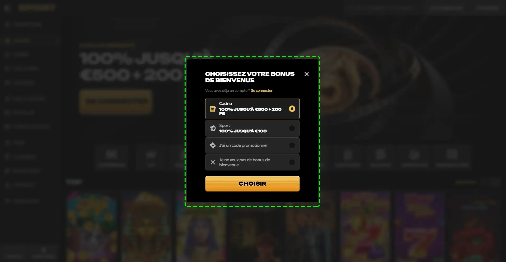 Etape du choix des bonus Spinsy Casino